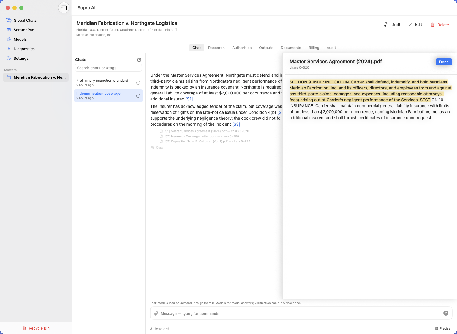A matter chat answering who the parties are, with the sources it relied on listed below the answer and the cited court filing open beside the conversation at the supporting page.
