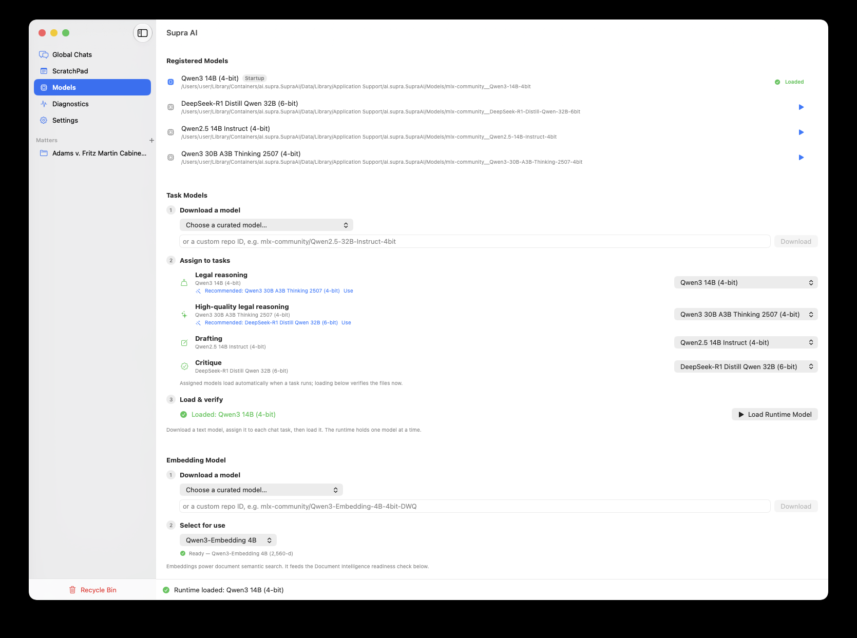 The Models tab showing registered local MLX models assigned to legal reasoning, drafting, and critique tasks, with a loaded runtime.