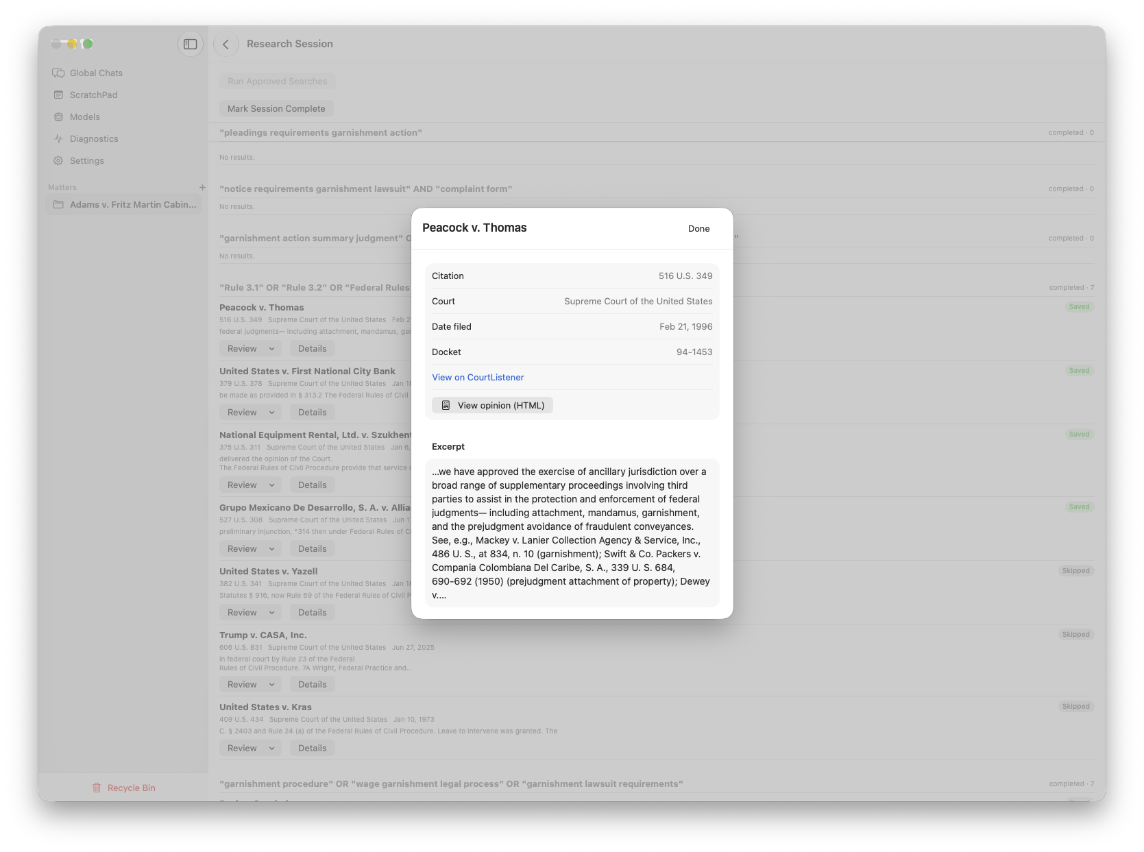 A research session showing search queries and retrieved Supreme Court cases with review status badges, and a detail card for one case showing its citation, court, docket number, and excerpt.