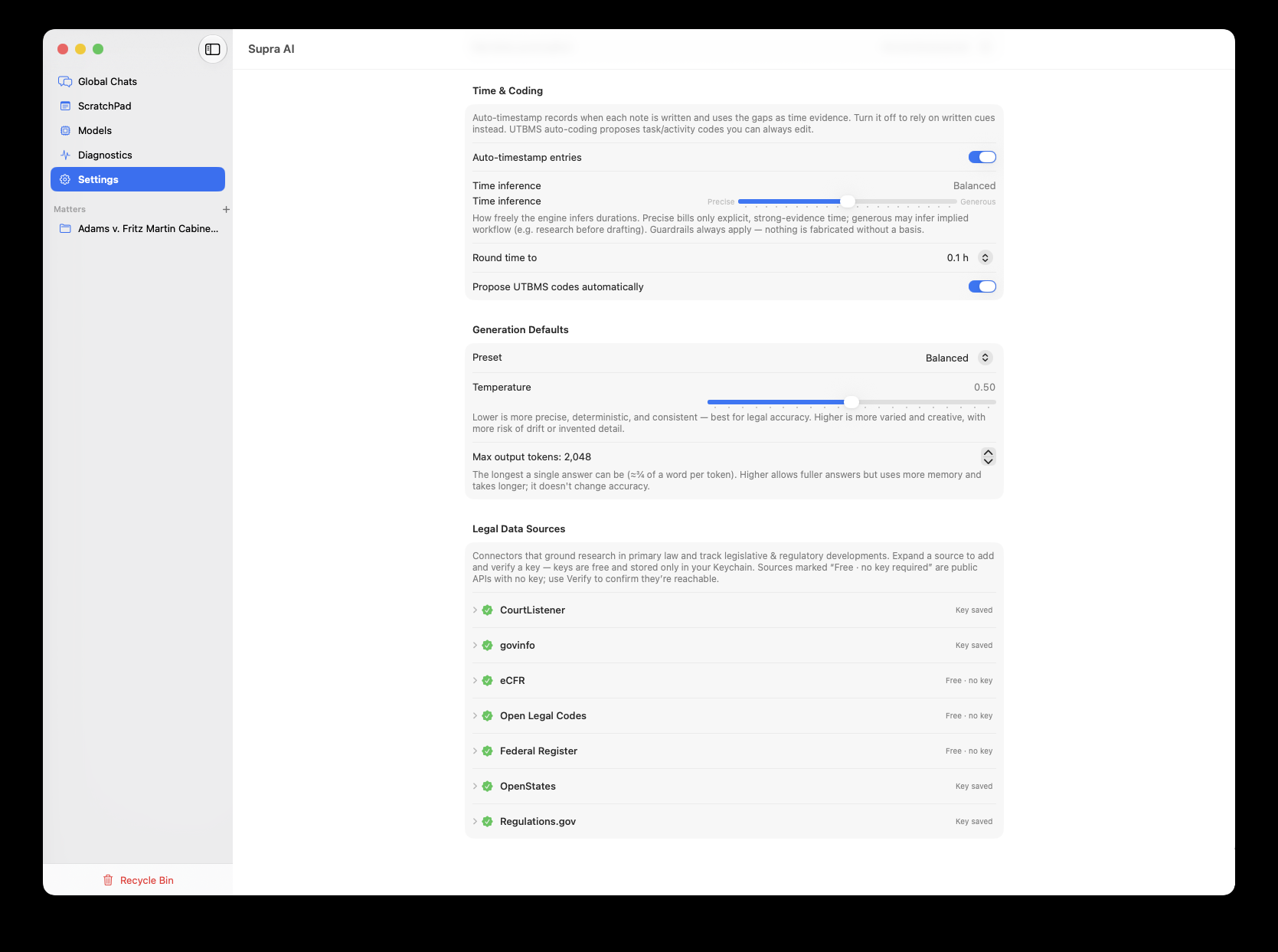 The app's Legal Data Sources settings listing each connector with its key status — several marked 'Free · no key' — with keys stored in the macOS Keychain.